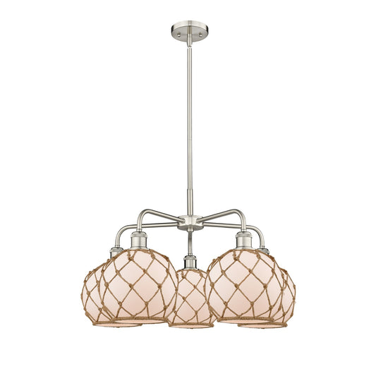 Innovations Farmhouse Rope 27in 5-Light Chandelier | Industrial Satin Nickel and White Glass with Brown Rope | Dining Room & | Model 516-5CR-SN-G121-8RB