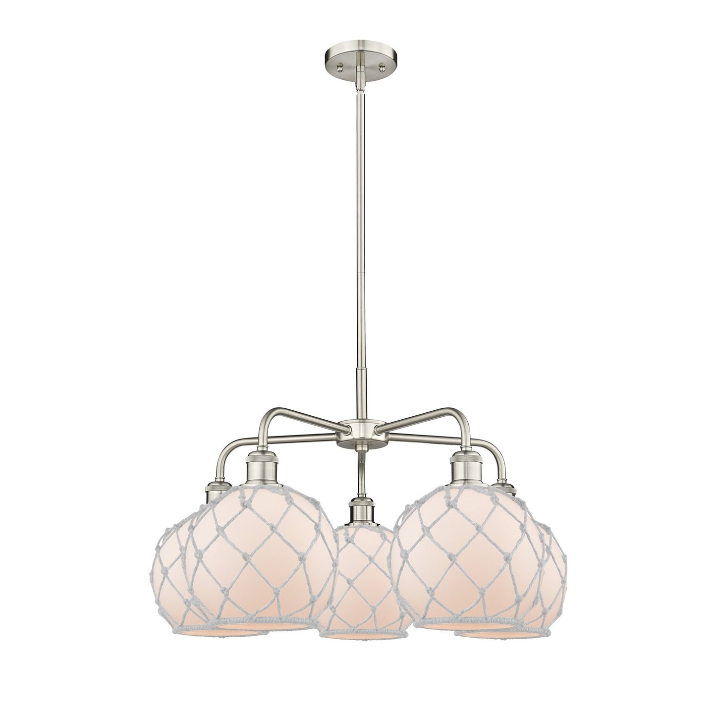 Innovations Farmhouse Rope 27in 5-Light Chandelier | Industrial Satin Nickel and White Frosted Glass with Rope | Dining Room & | Model 516-5CR-SN-G121-8RW