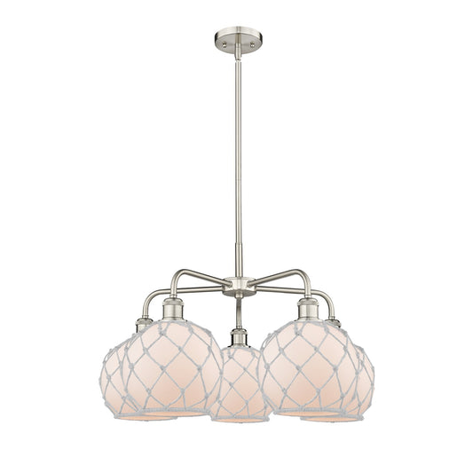 Innovations Farmhouse Rope 27in 5-Light Chandelier | Industrial Satin Nickel and White Frosted Glass with Rope | Dining Room & | Model 516-5CR-SN-G121-8RW