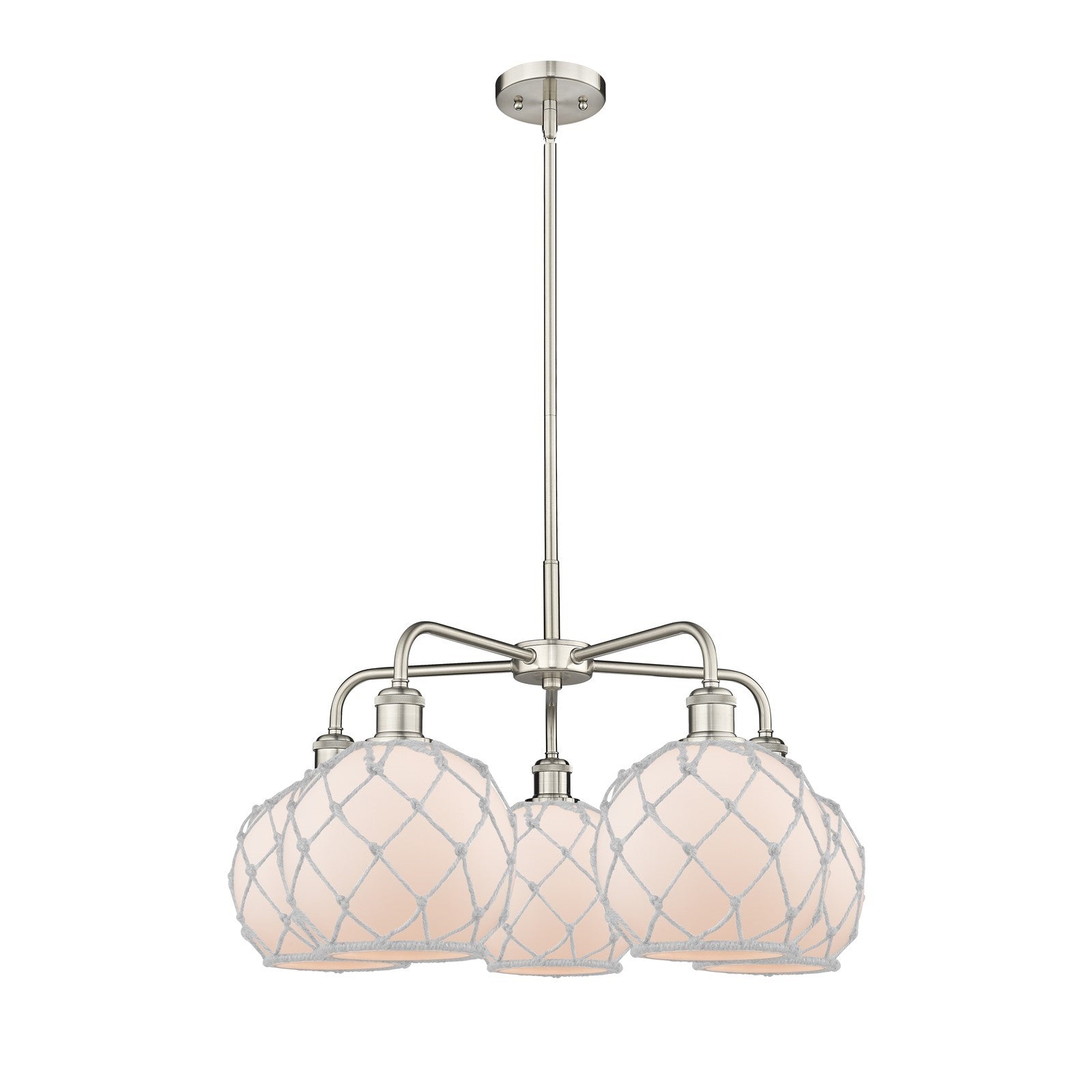 Innovations Farmhouse Rope 27in 5-Light Chandelier | Industrial Satin Nickel and White Frosted Glass with Rope | Dining Room & | Model 516-5CR-SN-G121-8RW