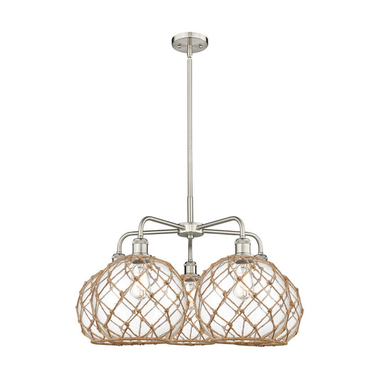 Innovations Farmhouse Rope 29in 5-Light Chandelier | Industrial Satin Nickel Steel and Clear Glass | Dining Room & Living | Model 516-5CR-SN-G122-10RB