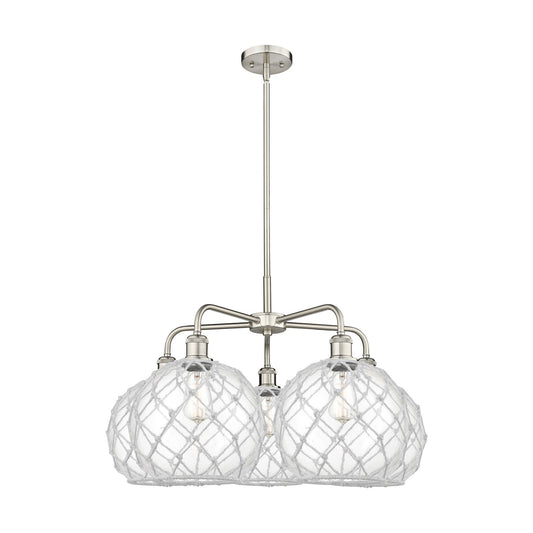 Innovations Farmhouse Rope 29in 5-Light Chandelier | Industrial Satin Nickel Steel and Clear Glass with White Rope | Dining | Model 516-5CR-SN-G122-10RW