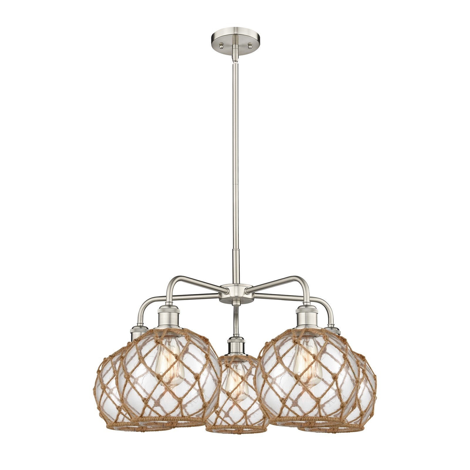 Innovations Farmhouse Rope 27in 5-Light Chandelier | Industrial Satin Nickel and Clear Glass with Brown Rope | Dining Room & | Model 516-5CR-SN-G122-8RB