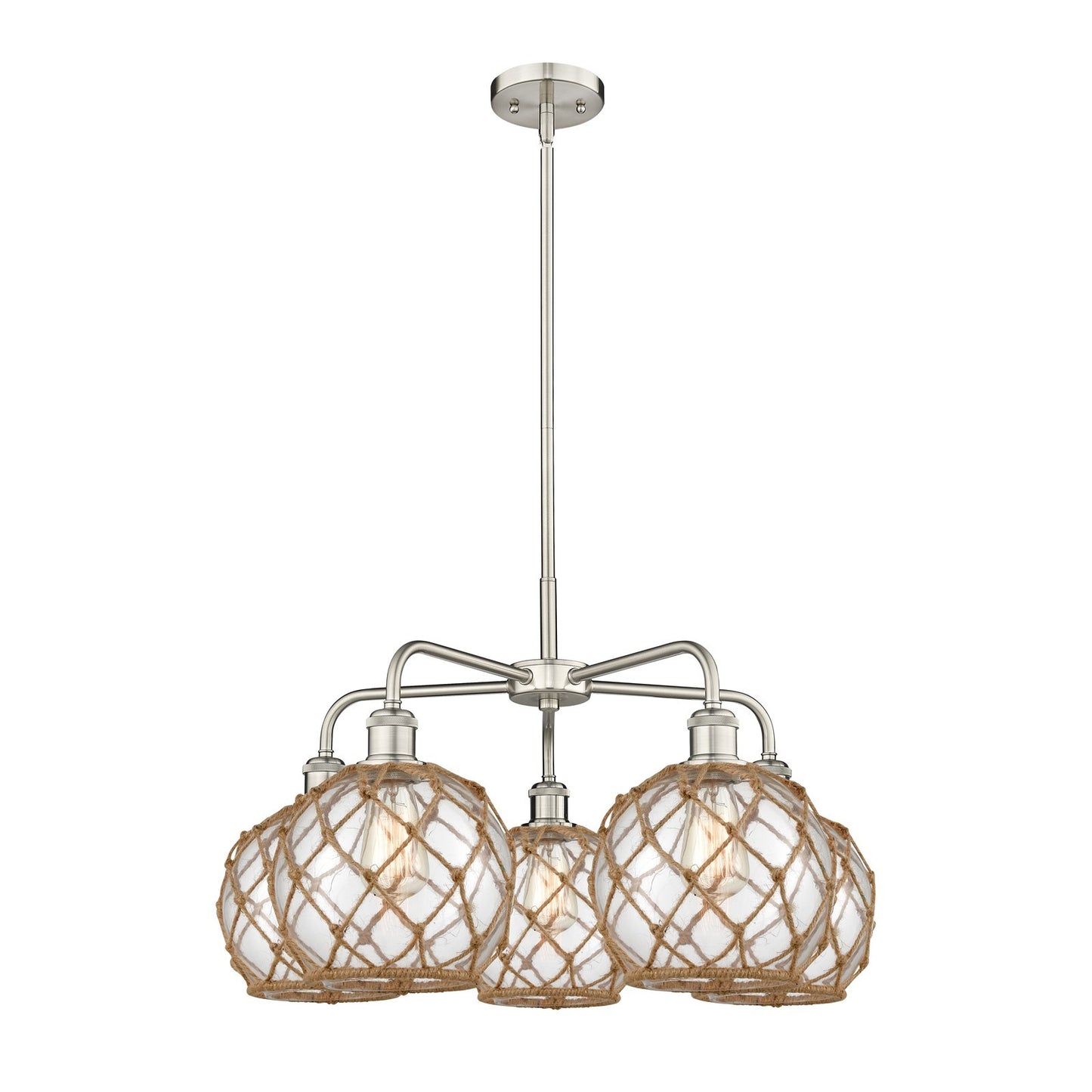 Innovations Farmhouse Rope 27in 5-Light Chandelier | Industrial Satin Nickel and Clear Glass with Brown Rope | Dining Room & | Model 516-5CR-SN-G122-8RB