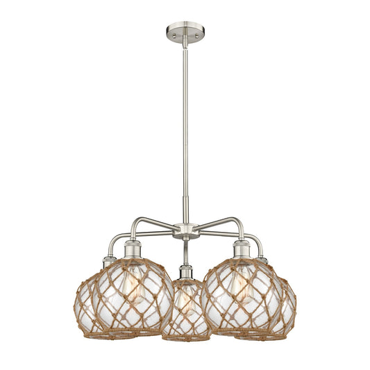 Innovations Farmhouse Rope 27in 5-Light Chandelier | Industrial Satin Nickel and Clear Glass with Brown Rope | Dining Room & | Model 516-5CR-SN-G122-8RB