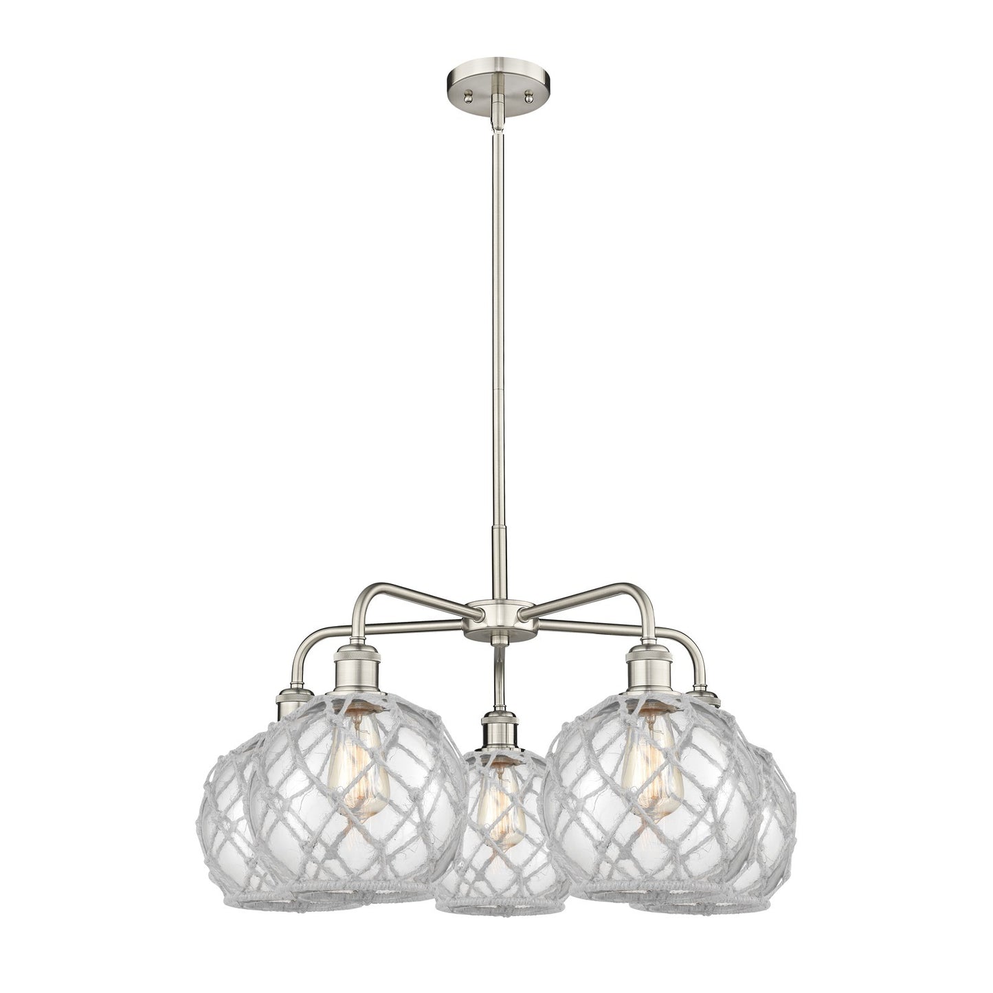 Innovations Farmhouse Rope 27in 5-Light Chandelier | Industrial Satin Nickel and Clear Glass with White Rope | Dining Room & | Model 516-5CR-SN-G122-8RW