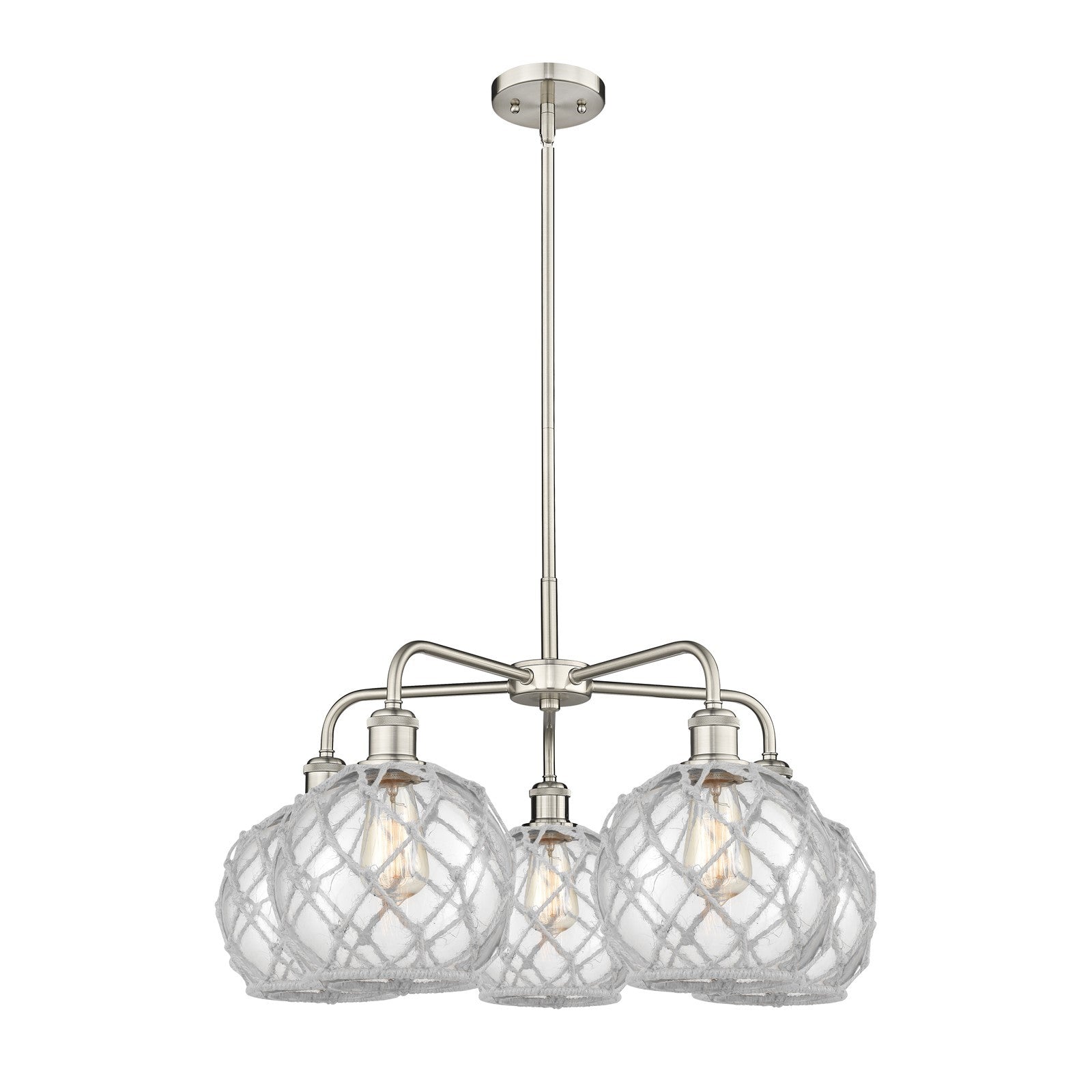 Innovations Farmhouse Rope 27in 5-Light Chandelier | Industrial Satin Nickel and Clear Glass with White Rope | Dining Room & | Model 516-5CR-SN-G122-8RW