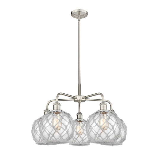 Innovations Farmhouse Rope 27in 5-Light Chandelier | Industrial Satin Nickel and Clear Glass with White Rope | Dining Room & | Model 516-5CR-SN-G122-8RW