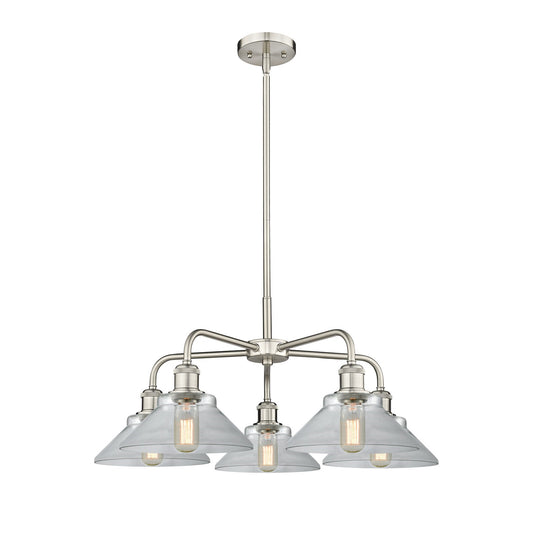 Innovations Orwell 26in 5-Light Chandelier | Industrial Satin Nickel and Clear Glass | Dining Room & Living Room | 26.38 x 26.38 x | Model 516-5CR-SN-G132