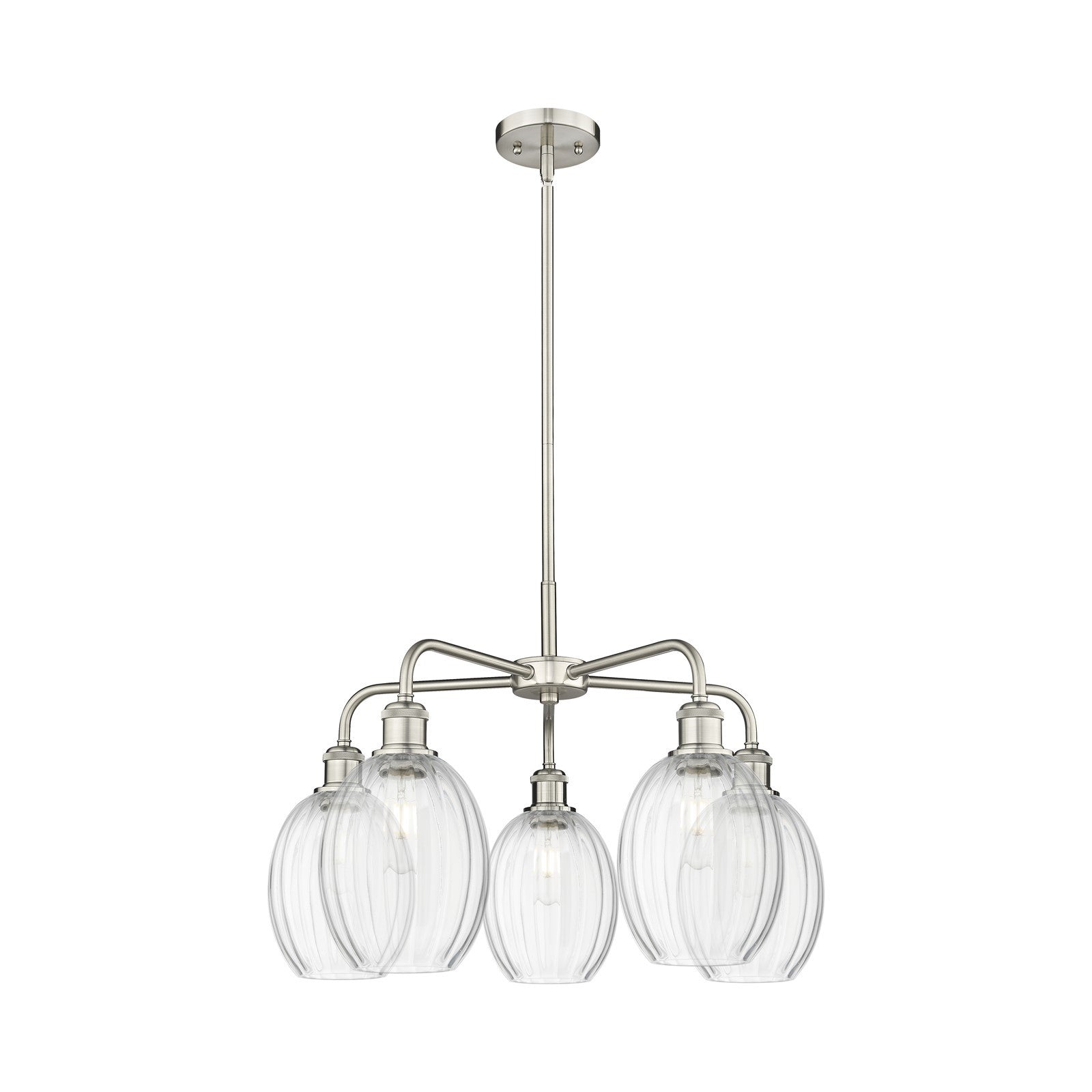 Innovations Preston Bulb 25in 5-Light Chandelier | Industrial Satin Nickel and Clear Glass | Dining Room & Open Living Area | Model 516-5CR-SN-G459-6CL