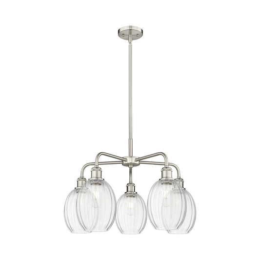 Innovations Preston Bulb 25in 5-Light Chandelier | Industrial Satin Nickel and Clear Glass | Dining Room & Open Living Area | Model 516-5CR-SN-G459-6CL