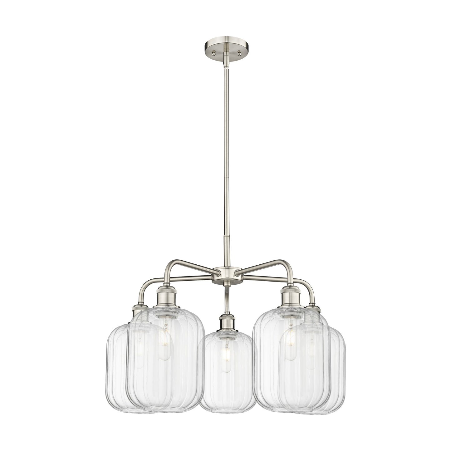 Innovations Preston Cylinder 25in 5-Light Chandelier | Industrial Satin Nickel Steel and Clear Glass | Kitchen Island & Dining | Model 516-5CR-SN-G460-7CL