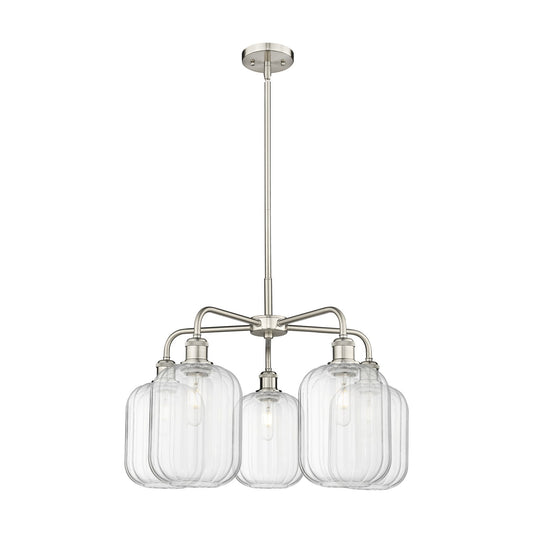 Innovations Preston Cylinder 25in 5-Light Chandelier | Industrial Satin Nickel Steel and Clear Glass | Kitchen Island & Dining | Model 516-5CR-SN-G460-7CL