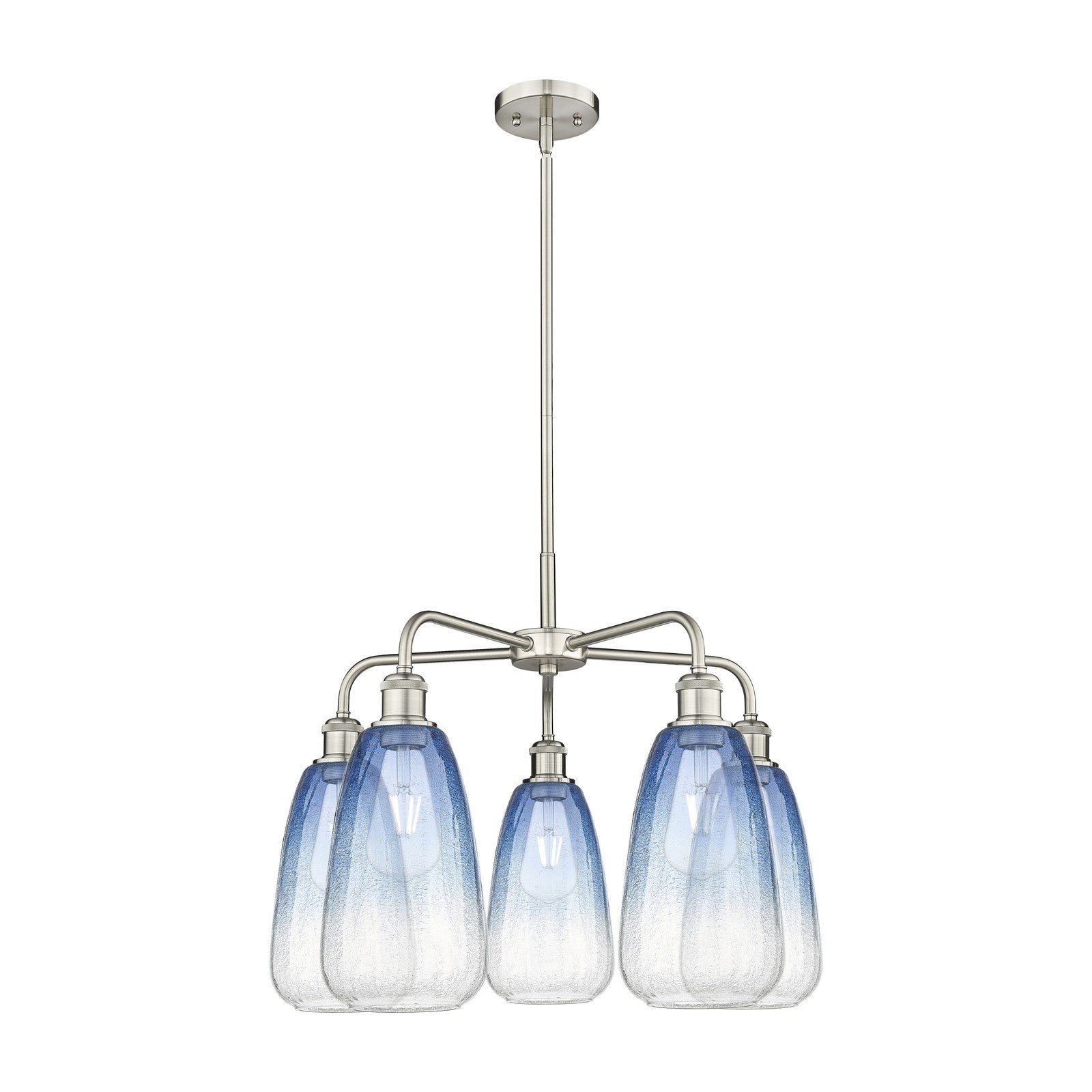 Innovations Brookhaven Almond 25in 5-Light Chandelier | Industrial Satin Nickel Steel and Sapphire Blue Glass | Kitchen Island | Model 516-5CR-SN-G480-6SB