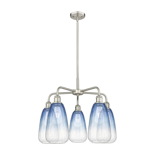 Innovations Brookhaven Almond 25in 5-Light Chandelier | Industrial Satin Nickel Steel and Sapphire Blue Glass | Kitchen Island | Model 516-5CR-SN-G480-6SB