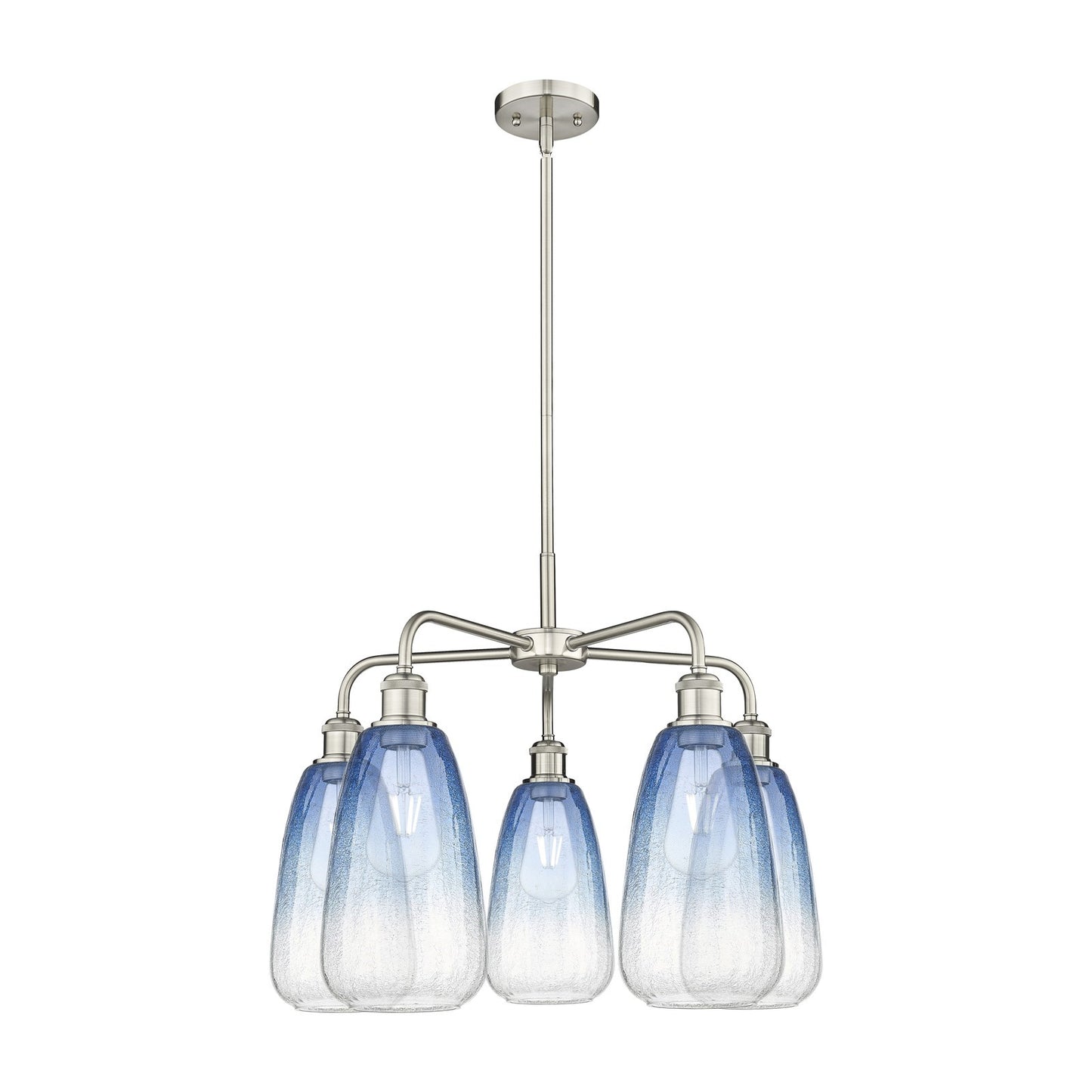 Innovations Brookhaven Almond 25in 5-Light Chandelier | Industrial Satin Nickel Steel and Sapphire Blue Glass | Kitchen Island | Model 516-5CR-SN-G480-6SB