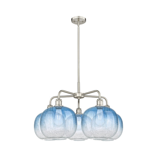 Innovations Brookhaven Sphere 29in 5-Light Chandelier | Industrial Satin Nickel and Sapphire Blue Glass | Kitchen Island & | Model 516-5CR-SN-G481-10SB