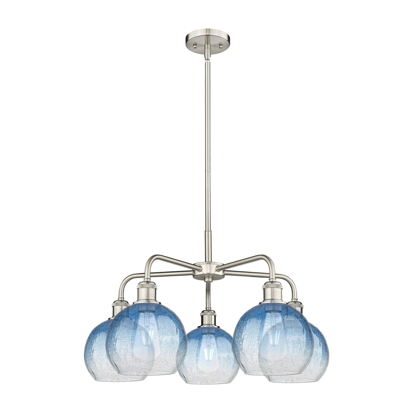 Innovations Brookhaven Globe 26in 5-Light Chandelier | Industrial Satin Nickel and Sapphire Blue Glass | Dining Room & Living | Model 516-5CR-SN-G483-8SB