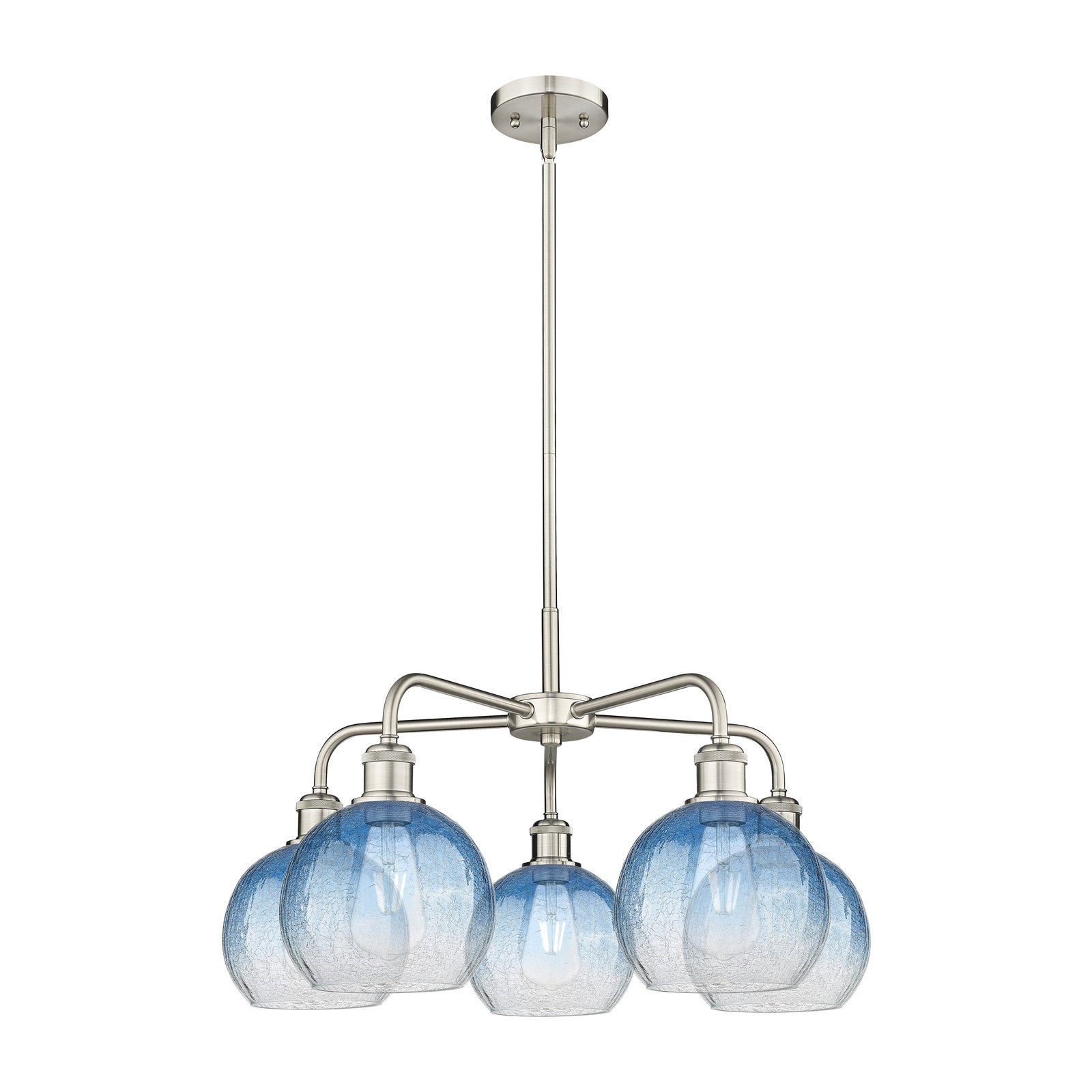 Innovations Brookhaven Globe 26in 5-Light Chandelier | Industrial Satin Nickel and Sapphire Blue Glass | Dining Room & Living | Model 516-5CR-SN-G483-8SB