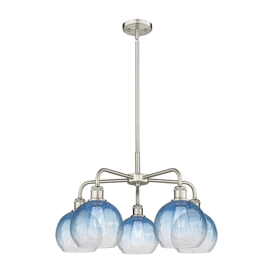 Innovations Brookhaven Globe 26in 5-Light Chandelier | Industrial Satin Nickel and Sapphire Blue Glass | Dining Room & Living | Model 516-5CR-SN-G483-8SB