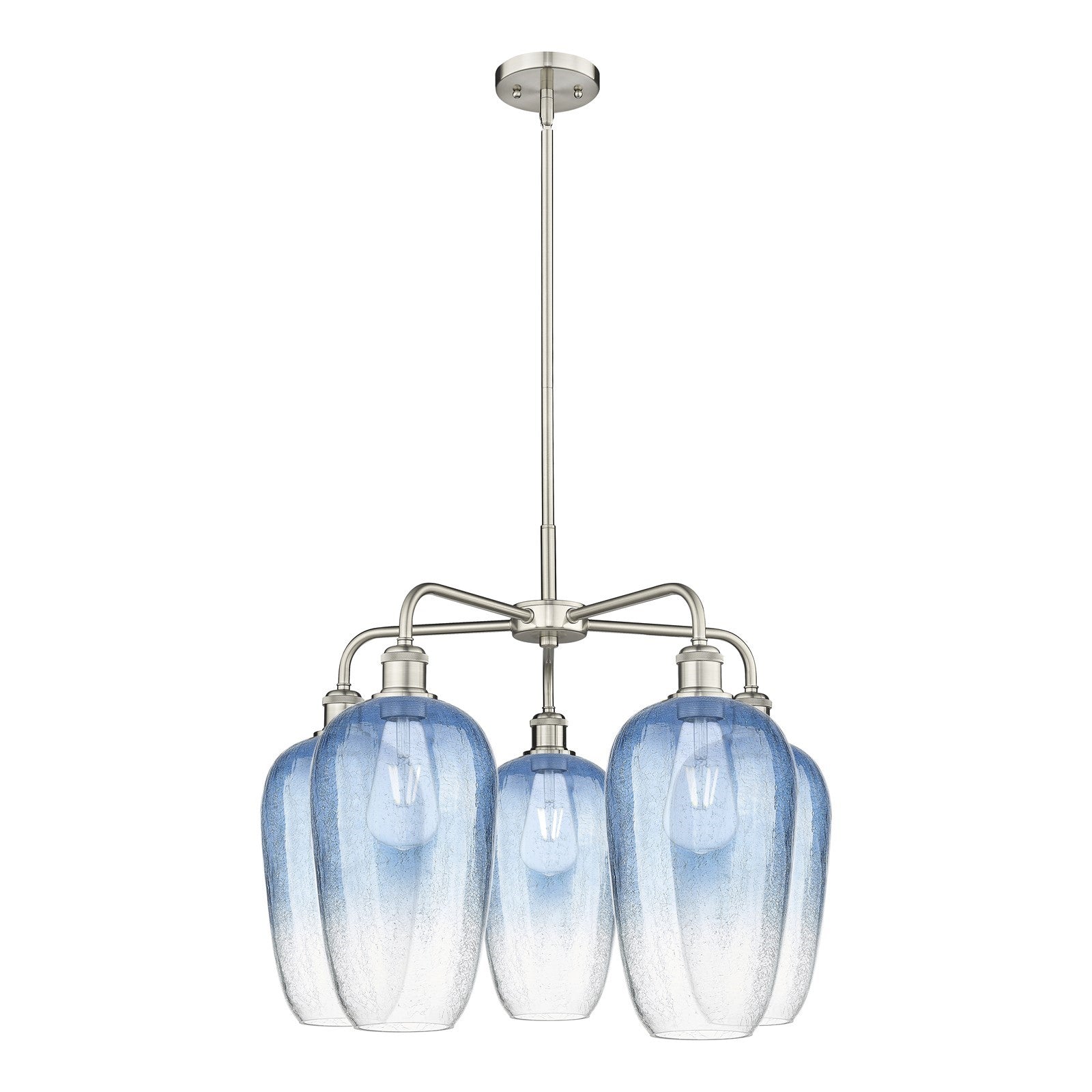 Innovations Brookhaven Flute 26in 5-Light Chandelier | Industrial Satin Nickel Steel and Sapphire Blue Glass | Kitchen Island | Model 516-5CR-SN-G484-7SB