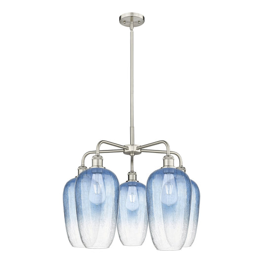 Innovations Brookhaven Flute 26in 5-Light Chandelier | Industrial Satin Nickel Steel and Sapphire Blue Glass | Kitchen Island | Model 516-5CR-SN-G484-7SB