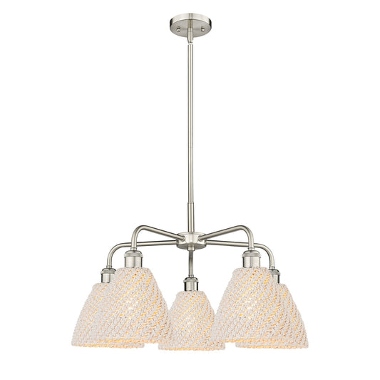 Innovations Bristol Natural 26in 5-Light Chandelier | Industrial Satin Nickel Steel and Natural Fiber Dome Shade | Dining | Model 516-5CR-SN-NBD-75-NAT