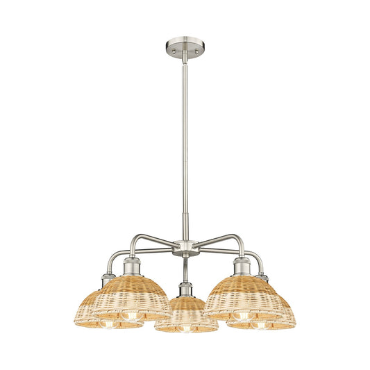 Innovations Bristol Natural II 26in 5-Light Chandelier | Industrial Satin Nickel Steel and Natural Fiber Dome Shade | Model 516-5CR-SN-NBD2-75-NAT