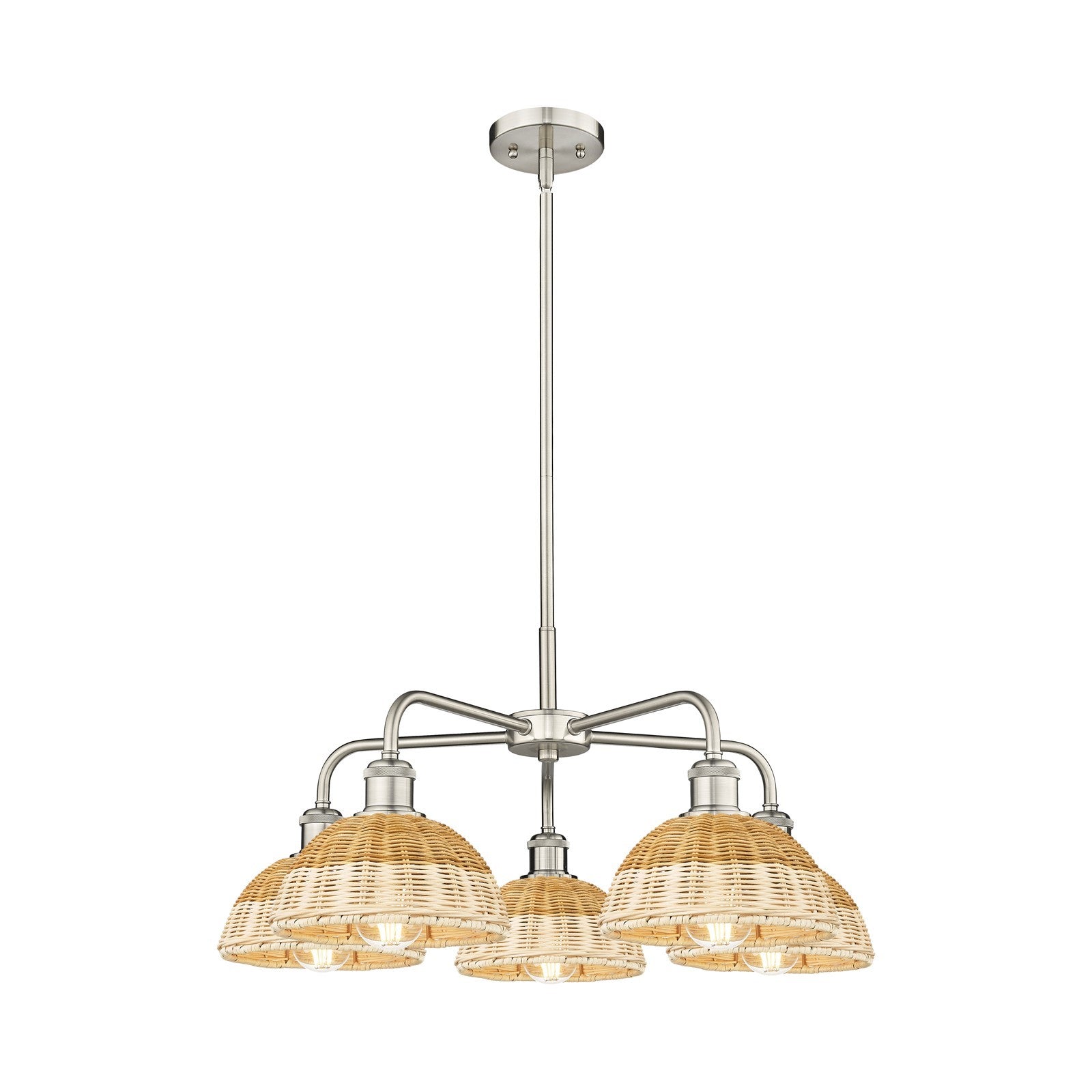 Innovations Bristol Natural II 26in 5-Light Chandelier | Industrial Satin Nickel Steel and Natural Fiber Dome Shade | Model 516-5CR-SN-NBD2-75-NAT