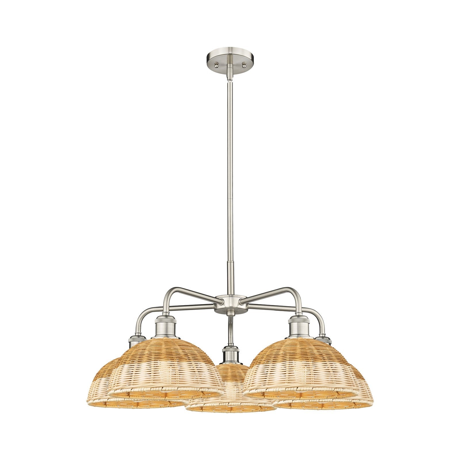 Innovations Lighting Bristol Natural II 28in 5-Light Chandelier | Industrial Satin Nickel and Natural Fiber Shade | Damp | Model 516-5CR-SN-NBD2-9-NAT