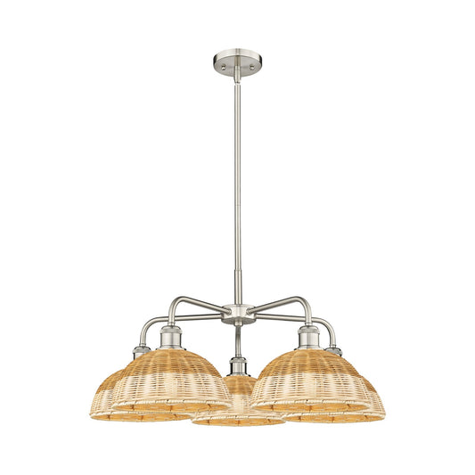 Innovations Lighting Bristol Natural II 28in 5-Light Chandelier | Industrial Satin Nickel and Natural Fiber Shade | Damp | Model 516-5CR-SN-NBD2-9-NAT