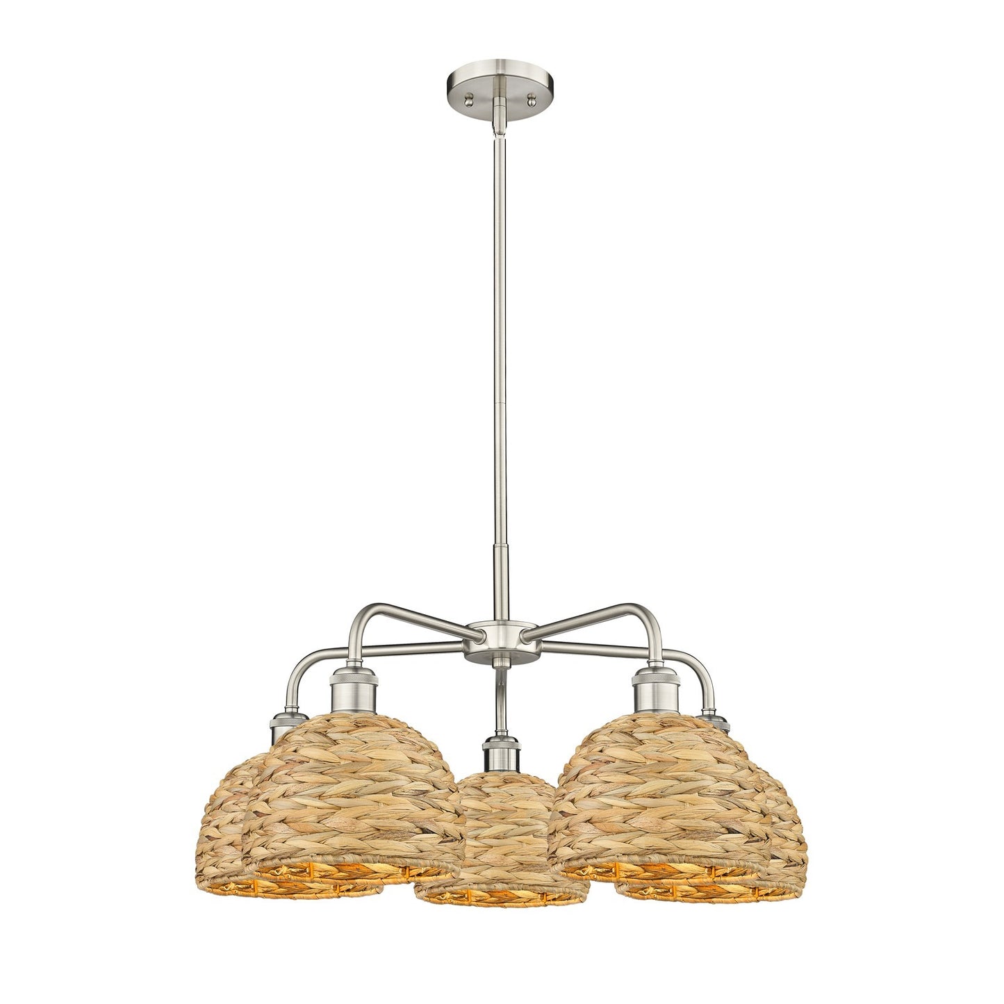 Innovations Woven Rattan 26.5in 5-Light Chandelier | Industrial Satin Nickel and Natural Fiber | Dining Room & Living Room | Model 516-5CR-SN-RBD-8-NAT