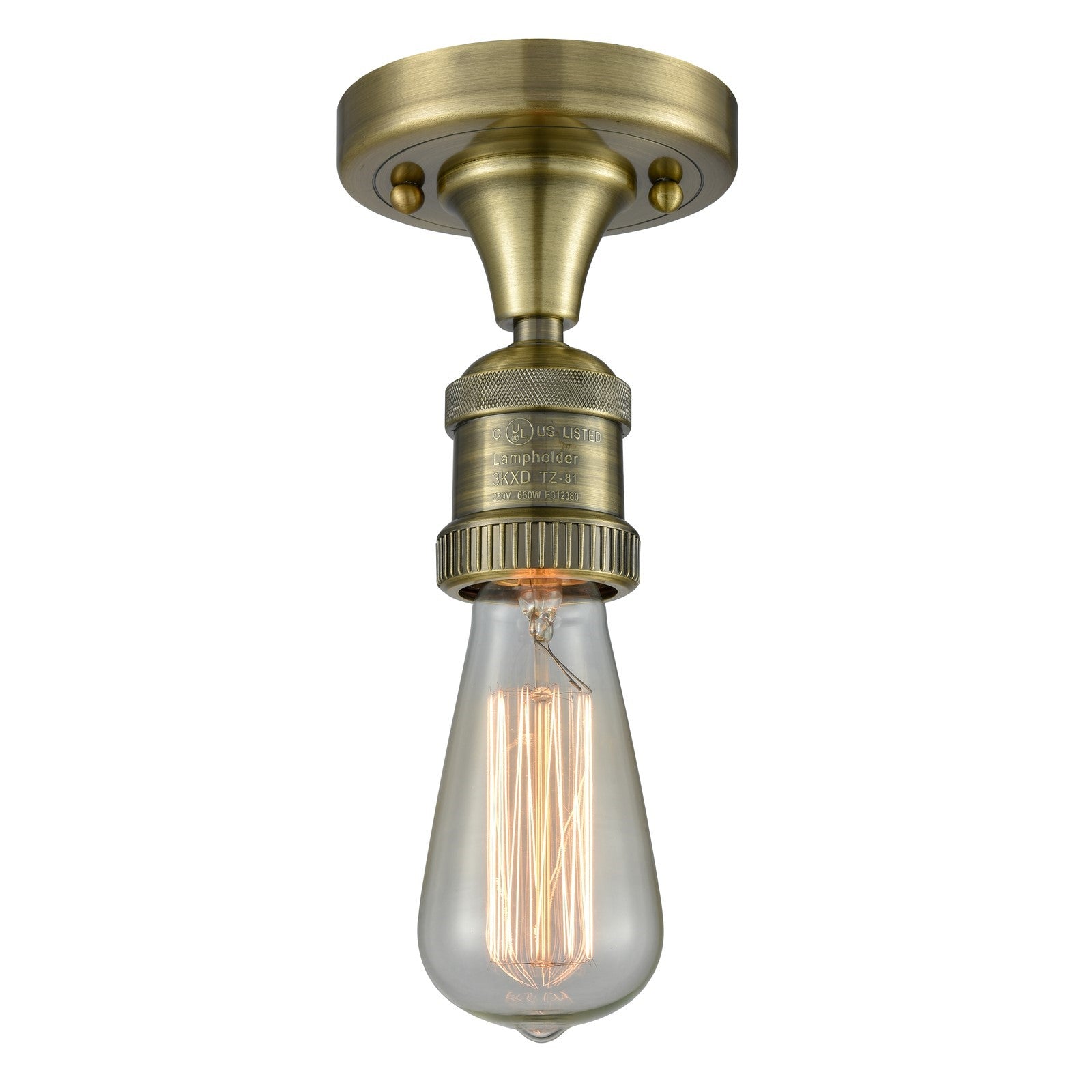 Innovations Bare Bulb 5in 1-Light Semi-Flush Mount | Industrial Antique Brass Steel and Vintage Bulb | Damp Location Entryway & | Model 517-1C-AB-LED