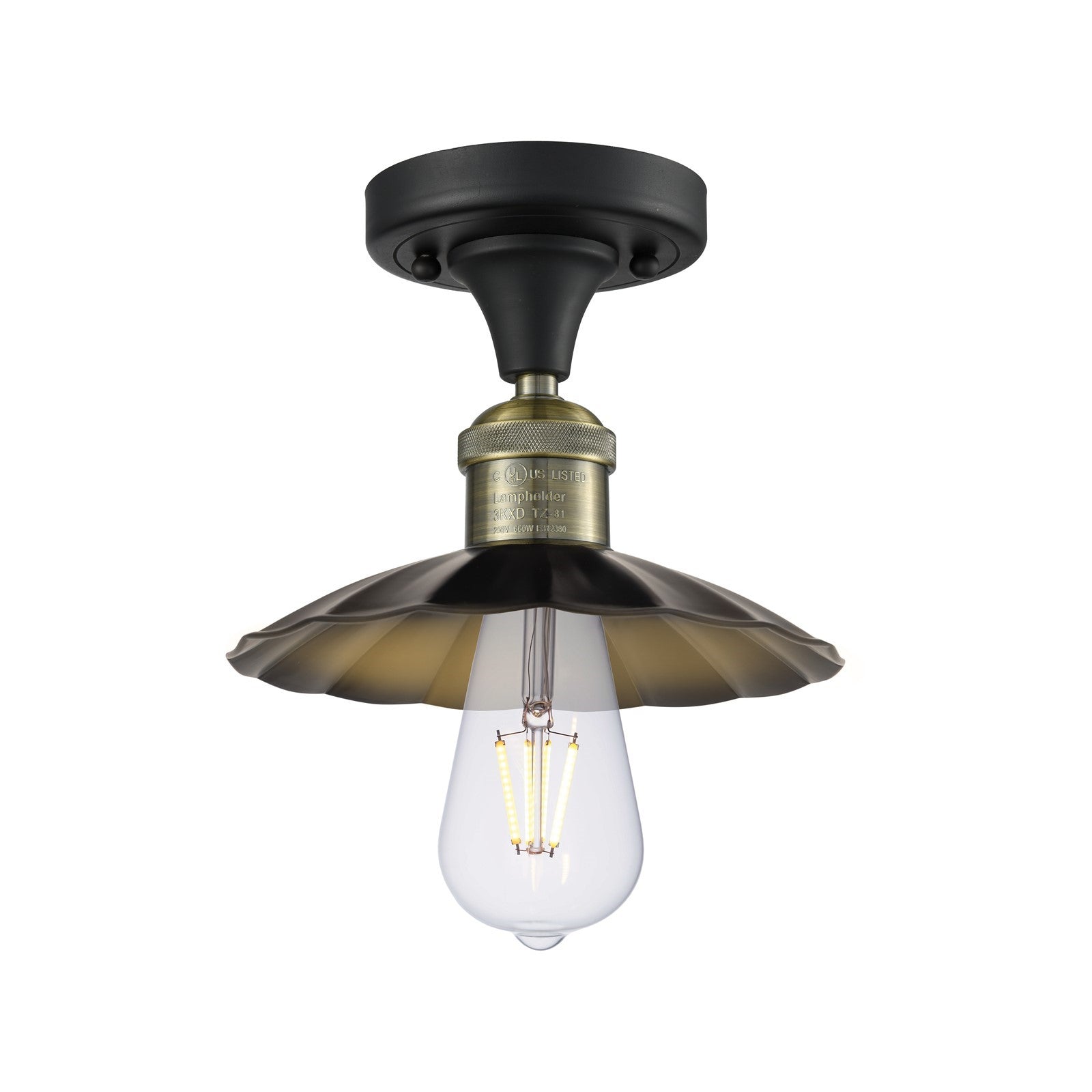 Innovations Scallop 8in 1-Light Semi-Flush Mount | Traditional Industrial Black Antique Brass and Matte Black Metal Shade | Model 517-1C-BAB-M17-BK