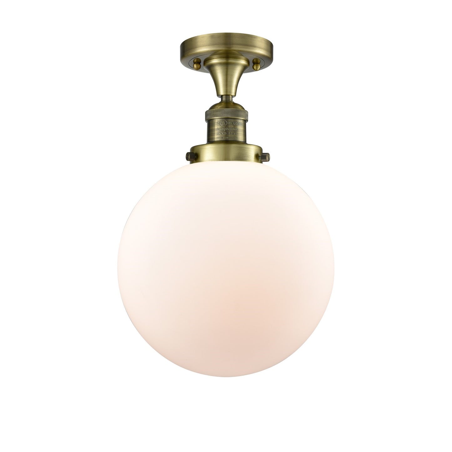 Innovations Beacon 10in 1-Light Semi-Flush | Industrial Antique Brass Steel and Matte White Frosted Glass | Damp-Rated | Model 517-1CH-AB-G201-10-LED