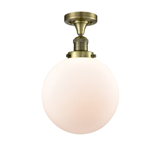 Innovations Beacon 10in 1-Light Semi-Flush | Industrial Antique Brass Steel and Matte White Frosted Glass | Damp-Rated | Model 517-1CH-AB-G201-10-LED