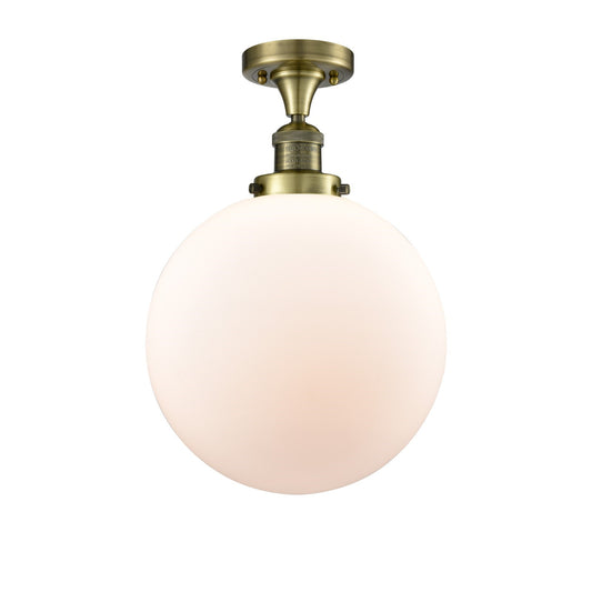 Innovations Beacon 12in 1-Light Semi-Flush | Industrial Antique Brass Steel and Matte White Frosted Glass | Hallway & | Model 517-1CH-AB-G201-12-LED