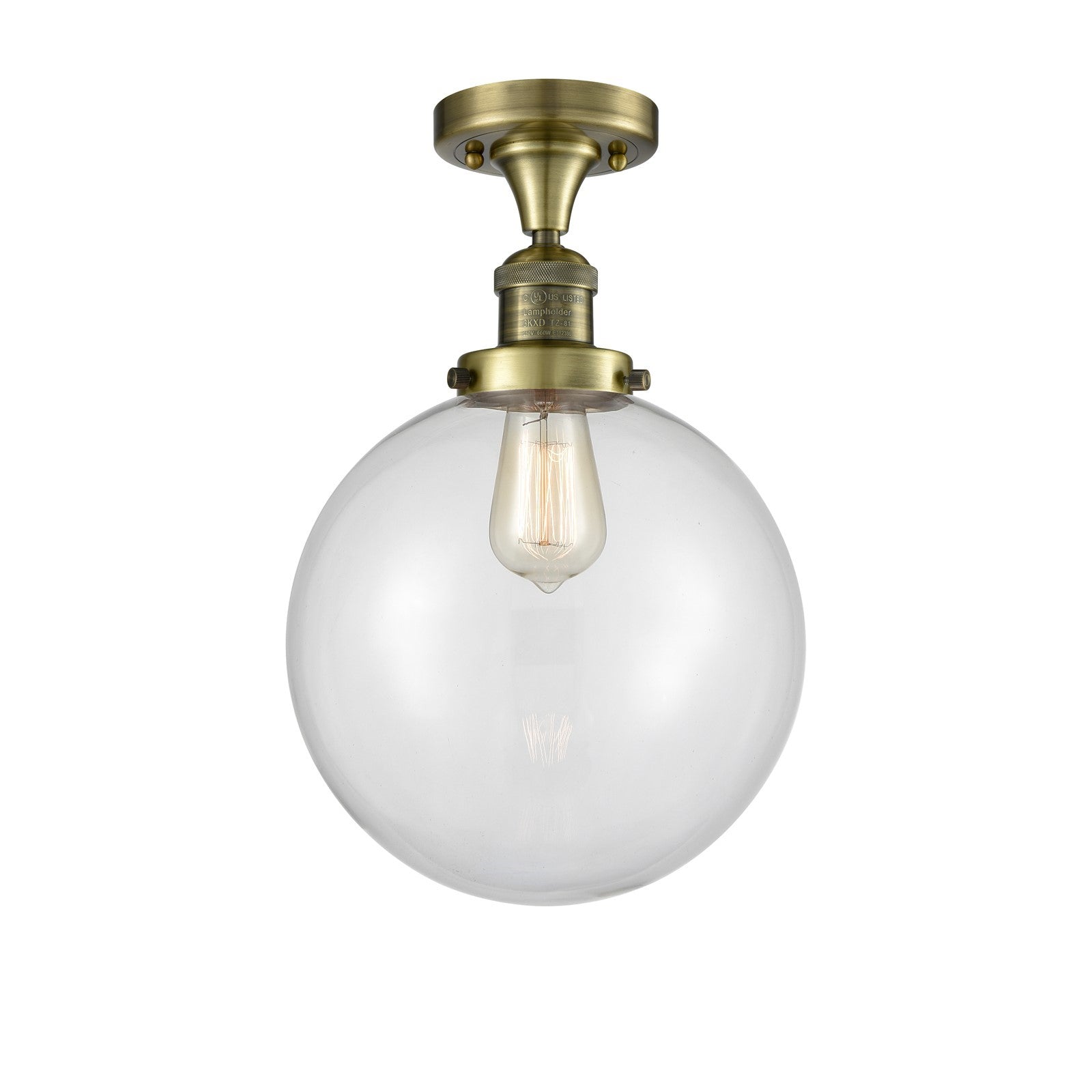 Innovations Beacon 10in 1-Light Semi-Flush Mount | Industrial Antique Brass Steel and Clear Glass | Damp-Rated Hallway & | Model 517-1CH-AB-G202-10-LED