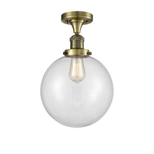 Innovations Beacon 10in 1-Light Semi-Flush Mount | Industrial Antique Brass Steel and Clear Glass | Damp-Rated Hallway & | Model 517-1CH-AB-G202-10-LED