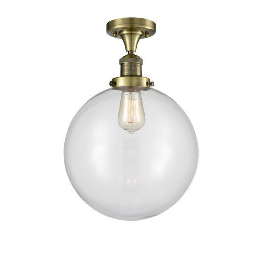 Innovations Beacon 12in 1-Light Semi-Flush Mount | Industrial Restoration-Vintage Antique Brass and Clear Glass | Kitchen & | Model 517-1CH-AB-G202-12-LED