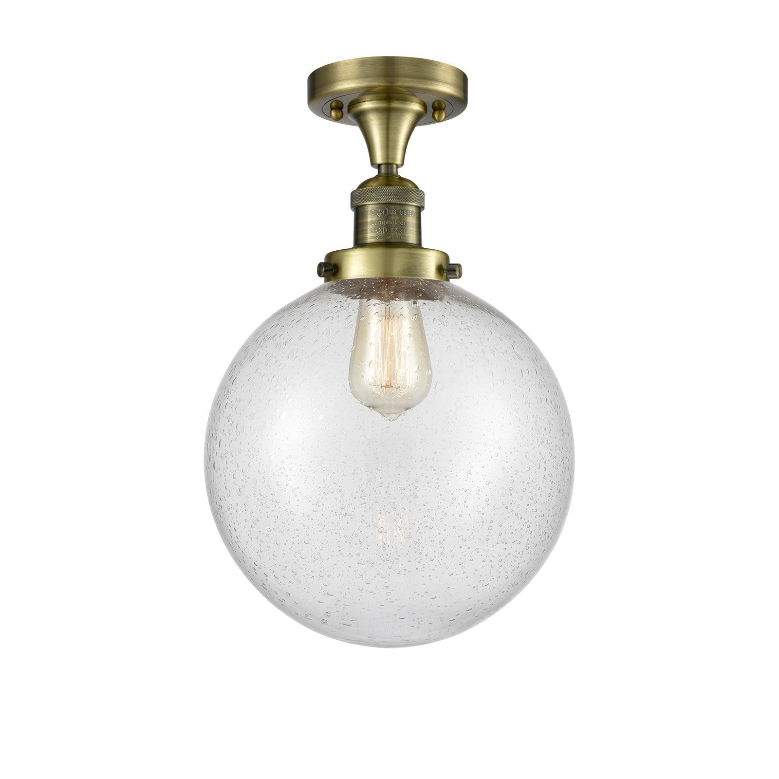 Innovations Beacon 10in 1-Light Semi-Flush Mount | Industrial Antique Brass Steel and Seedy Glass | Damp-Rated Entryway & | Model 517-1CH-AB-G204-10-LED