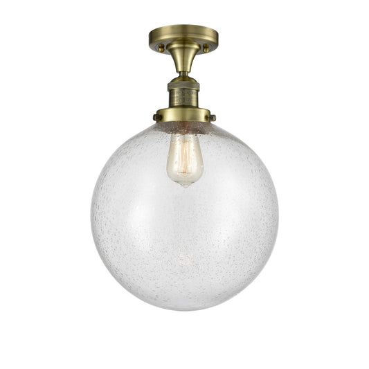 Innovations Beacon 12in 1-Light Semi-Flush Mount | Industrial Antique Brass Steel and Seedy Glass | Entryway & Hallway | 12 x | Model 517-1CH-AB-G204-12