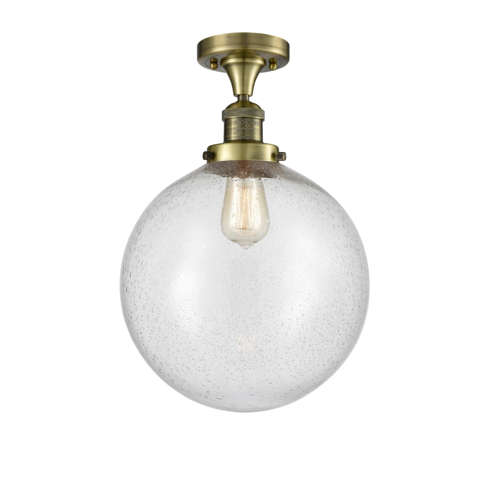 Innovations Beacon 12in 1-Light Semi-Flush Mount | Industrial Antique Brass Steel and Seedy Glass | Damp-Rated Entryway & | Model 517-1CH-AB-G204-12-LED