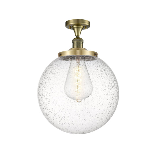Innovations Beacon 14in 1-Light Semi-Flush Mount | Industrial Antique Brass Steel and Seedy Glass | Entryway & Hallway | 14 x | Model 517-1CH-AB-G204-14