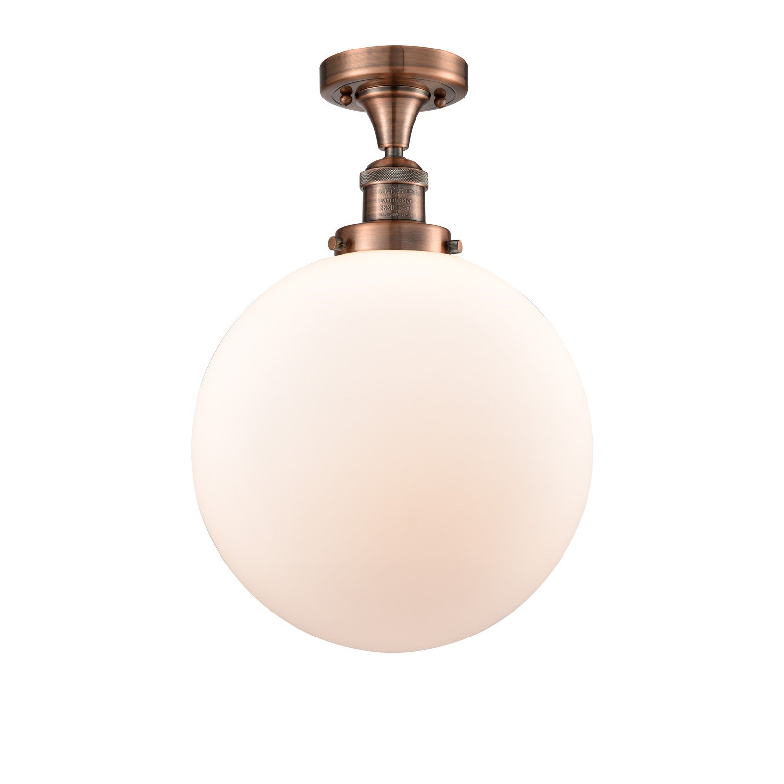 Innovations Beacon 12in 1-Light Semi-Flush Mount | Industrial Antique Copper Steel and Matte White Frosted Glass | Kitchen | Model 517-1CH-AC-G201-12-LED