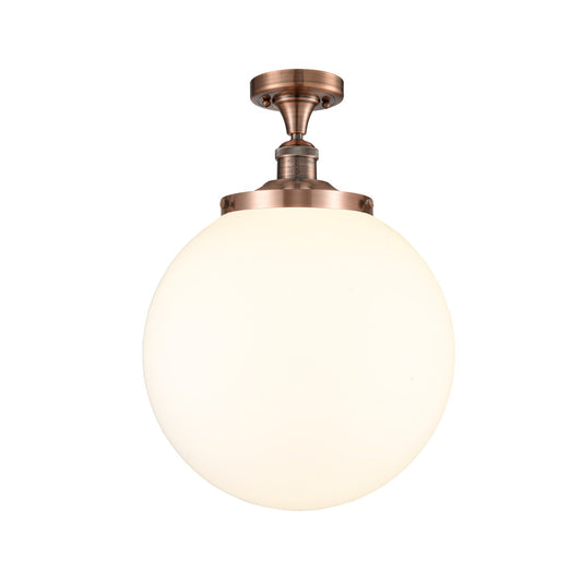 Innovations Beacon 14in 1-Light Semi-Flush Mount | Industrial Antique Copper Steel and Matte White Frosted Glass | Entryway & | Model 517-1CH-AC-G201-14