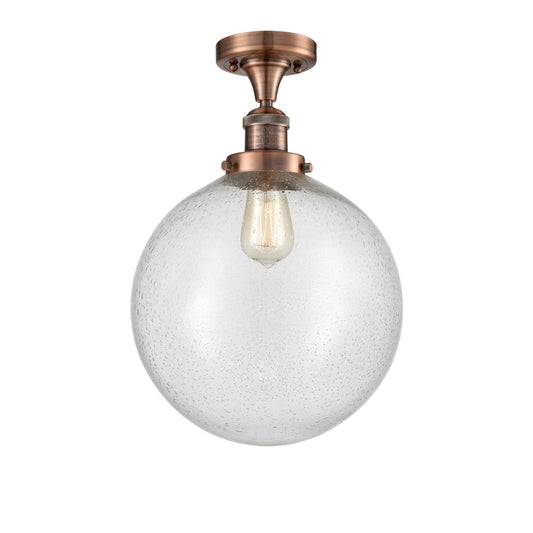 Innovations Beacon 12in 1-Light Semi-Flush Mount | Industrial Antique Copper Steel and Seedy Glass | Entryway & Hallway | Model 517-1CH-AC-G204-12-LED