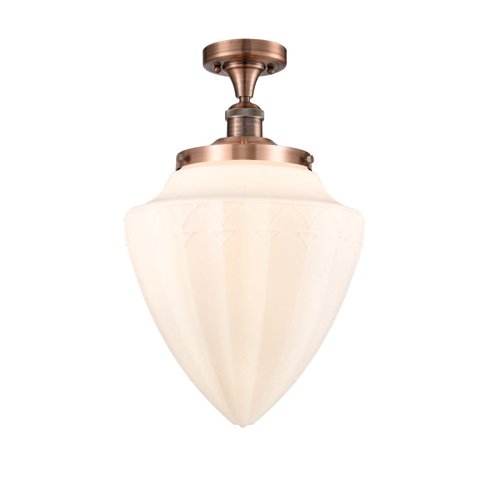Innovations Bullet 12in 1-Light Semi-Flush | Traditional Art Deco Antique Copper Steel and Matte White Frosted Glass | Model 517-1CH-AC-G661-12-LED