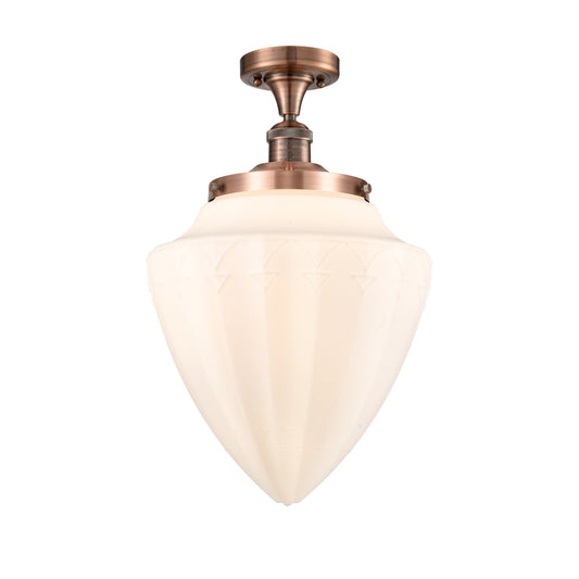 Innovations Bullet 12in 1-Light Semi-Flush | Traditional Art Deco Antique Copper Steel and Matte White Frosted Glass | Model 517-1CH-AC-G661-12-LED