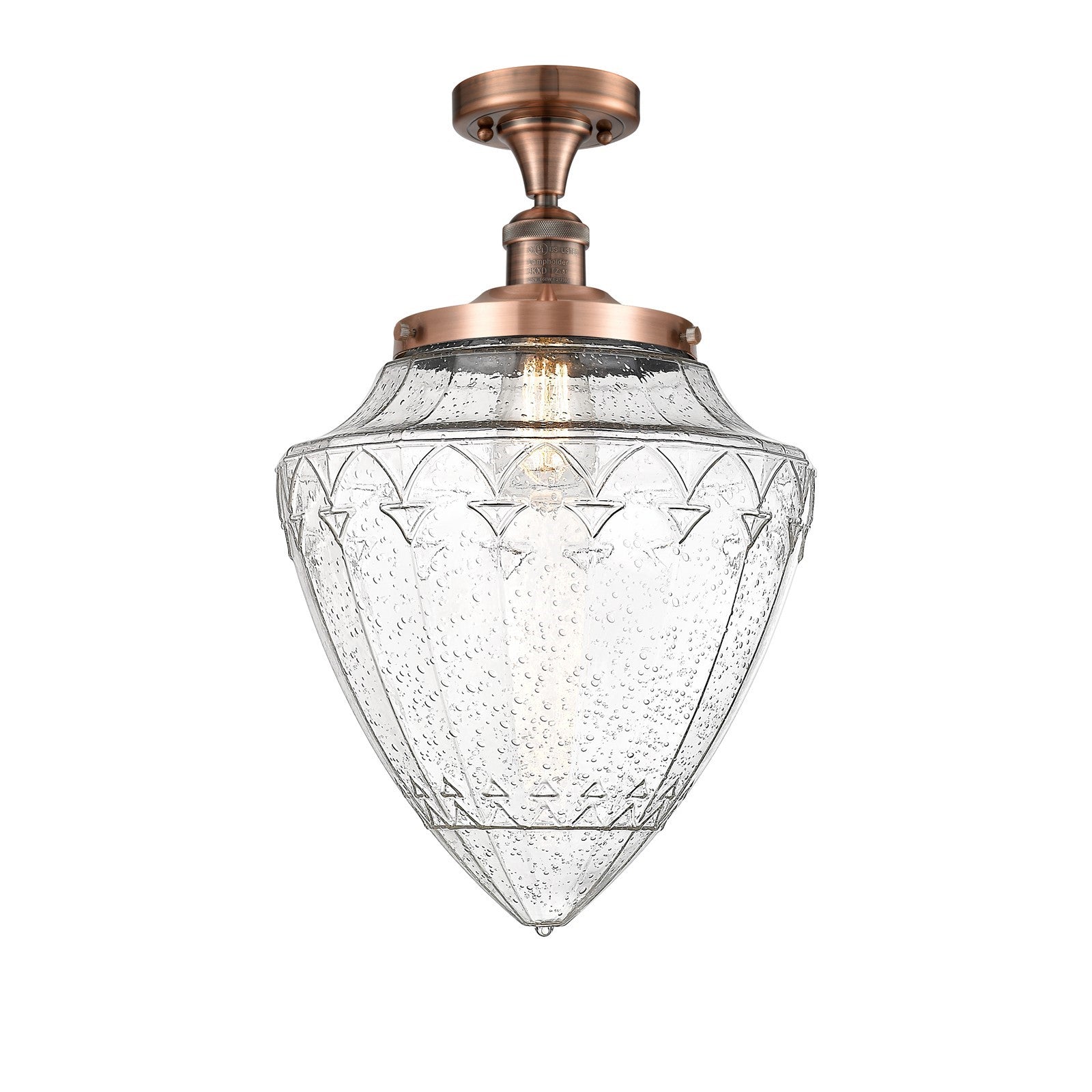 Innovations Bullet 12in 1-Light Semi-Flush Mount | Traditional Art Deco Antique Copper Steel and Seedy Glass | Damp-Rated | Model 517-1CH-AC-G664-12-LED